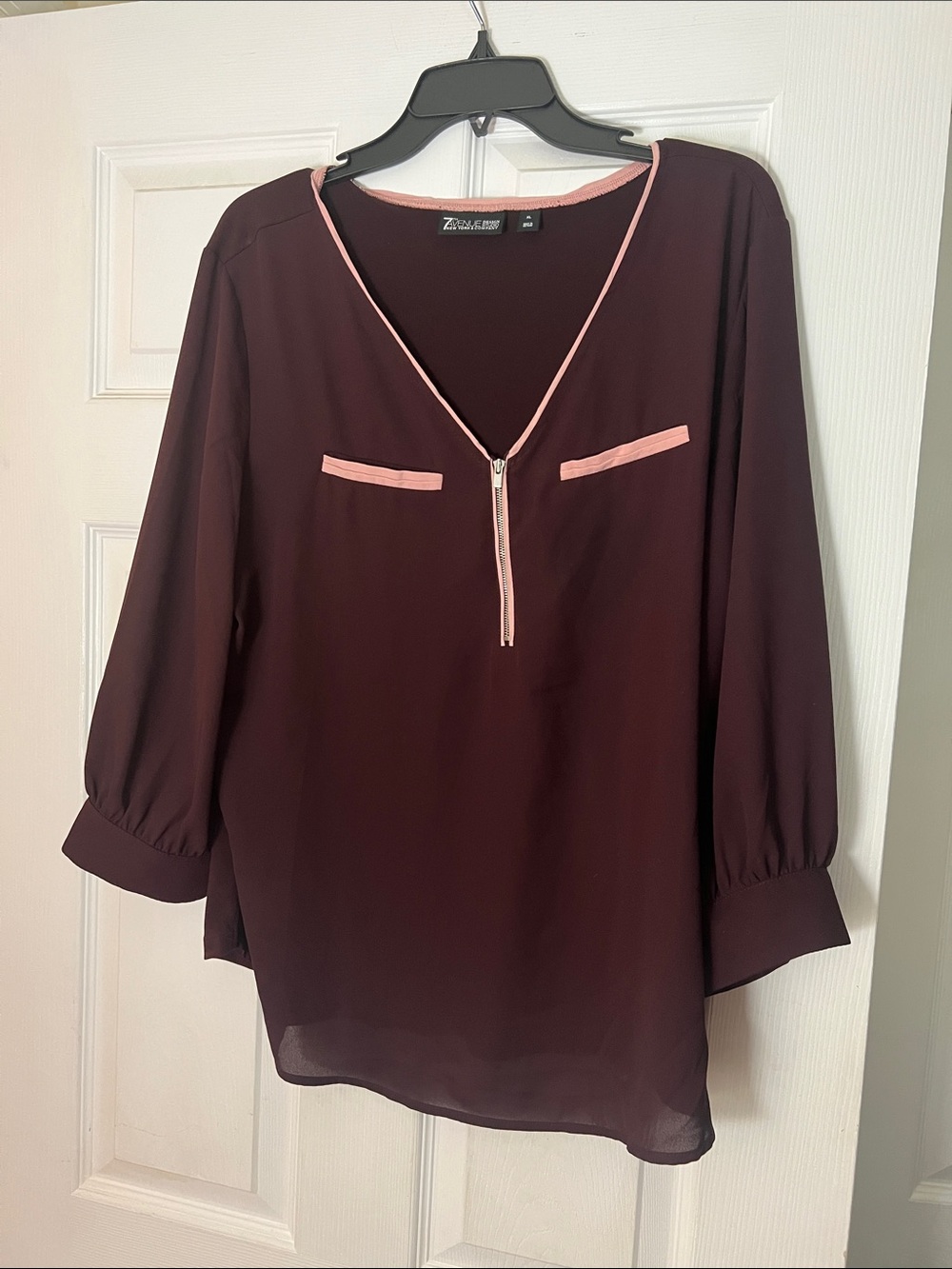 New York & Company Women's Burgundy Blouse with Pink Trim